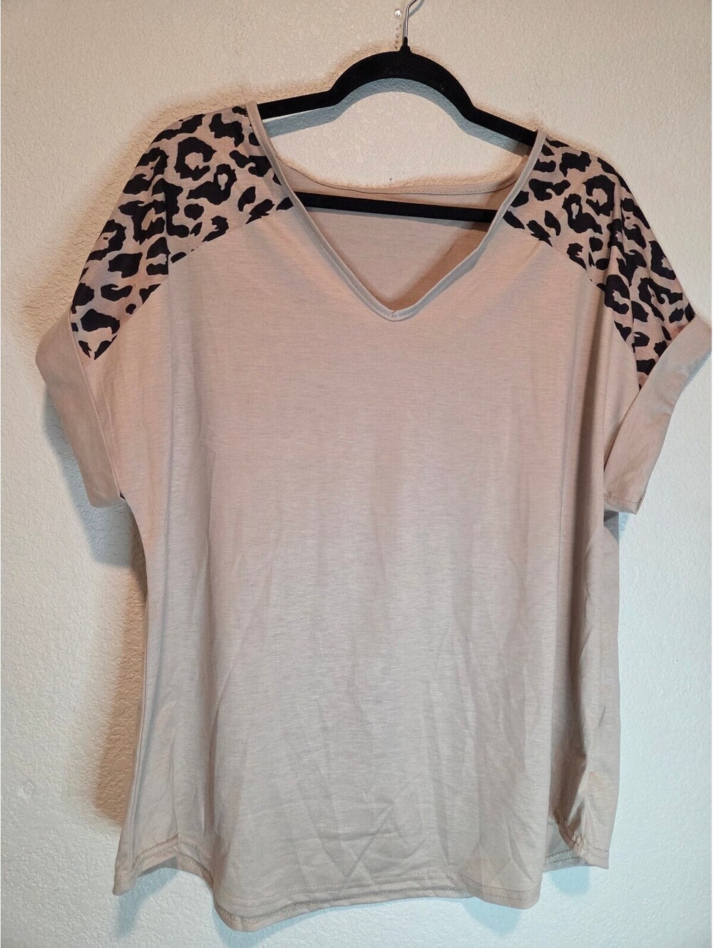 SHEIN Curve Beige Top with Leopard Print Shoulder Detail, Size 0XL